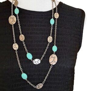 Premier Designs, Dbl Strand, Silver Oval Discs, & Turquoise Stones, 28" Necklace